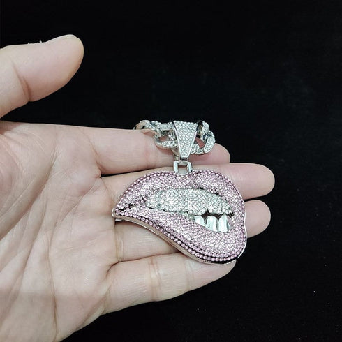 Fully Iced Out Pink Biting Lip Cuban Pendant Chain