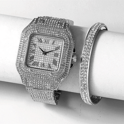 Fully Iced Roman Square Bezel Watch + FREE Iced Bangle