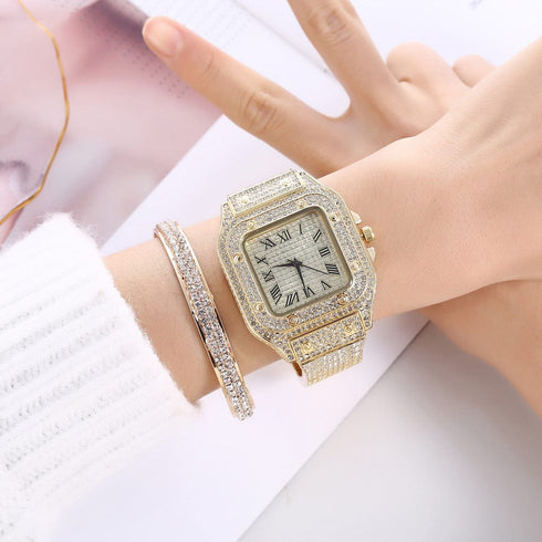 Fully Iced Roman Square Bezel Watch + FREE Iced Bangle