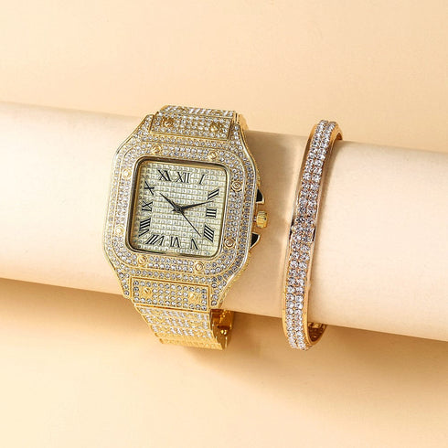 Fully Iced Roman Square Bezel Watch + FREE Iced Bangle