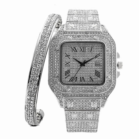 Fully Iced Roman Square Bezel Watch + FREE Iced Bangle