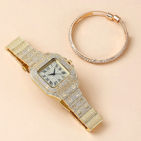 Fully Iced Roman Square Bezel Watch + FREE Iced Bangle