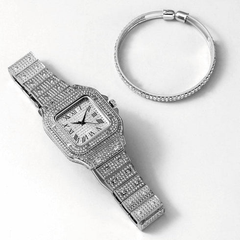 Fully Iced Roman Square Bezel Watch + FREE Iced Bangle
