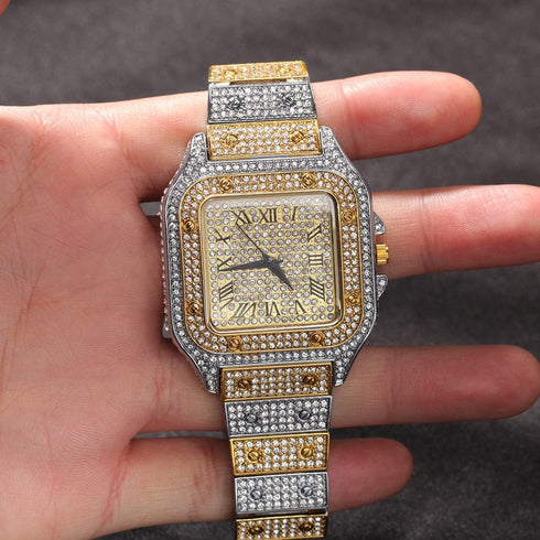 Fully Iced Square Stainless Steel Roman Watch