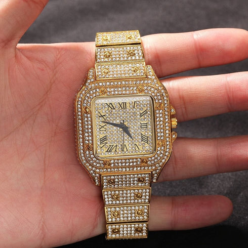 Fully Iced Square Stainless Steel Roman Watch