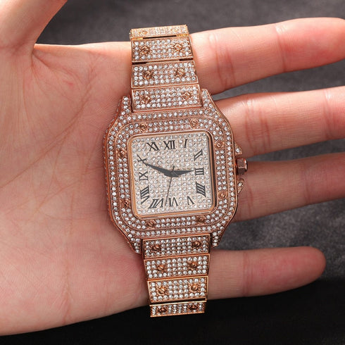 Fully Iced Square Stainless Steel Roman Watch