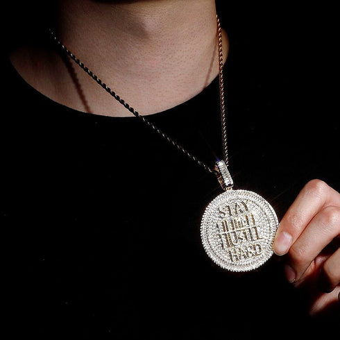 Fully Iced Stay Humble Hustle Hard Round Pendant Chain