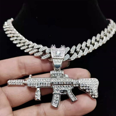 Fully Iced Submachine Gun Pendant Rapper Necklace