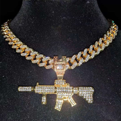Fully Iced Submachine Gun Pendant Rapper Necklace