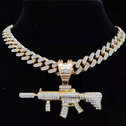 Fully Iced Submachine Gun Pendant Rapper Necklace
