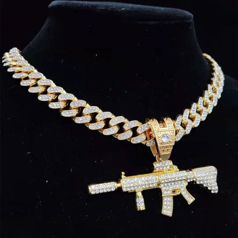Fully Iced Submachine Gun Pendant Rapper Necklace