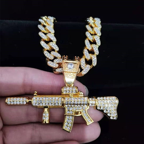 Fully Iced Submachine Gun Pendant Rapper Necklace