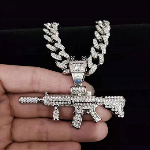Fully Iced Submachine Gun Pendant Rapper Necklace
