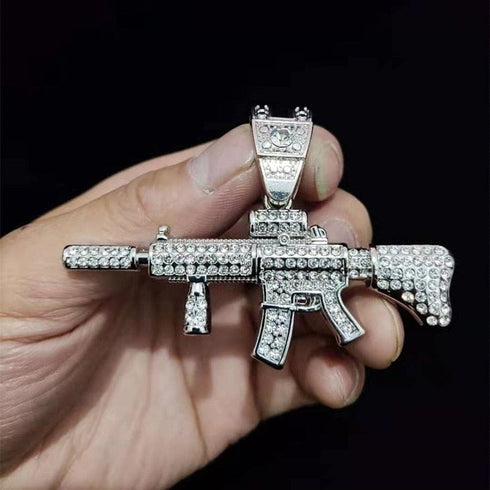 Fully Iced Submachine Gun Pendant Rapper Necklace