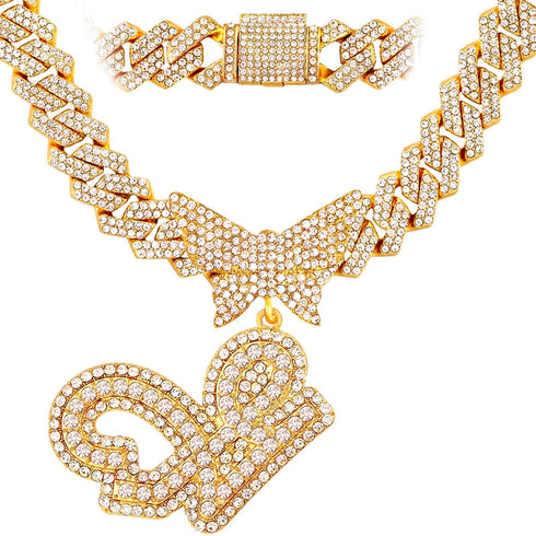 Bling Butterfly Letter Cuban Link Chain