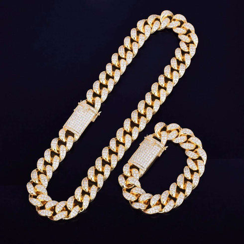 18k Gold/Silver Cuban Link Chain Set – Iced Out Necklace & FREE Bracelet
