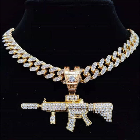 Fully Iced Submachine Gun Pendant Rapper Necklace