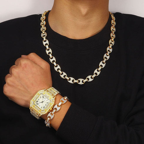 VVS Jewelry Coffee Bean Chain and Bracelet Bundle + FREE Square Roman Watch