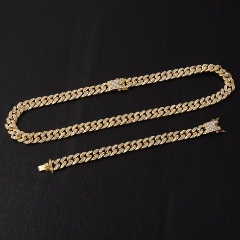 18k Gold/Silver Cuban Link Chain Set – Iced Out Necklace & FREE Bracelet