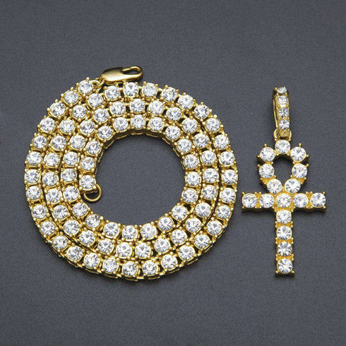 Tennis Chain + Ankh Pendant Set