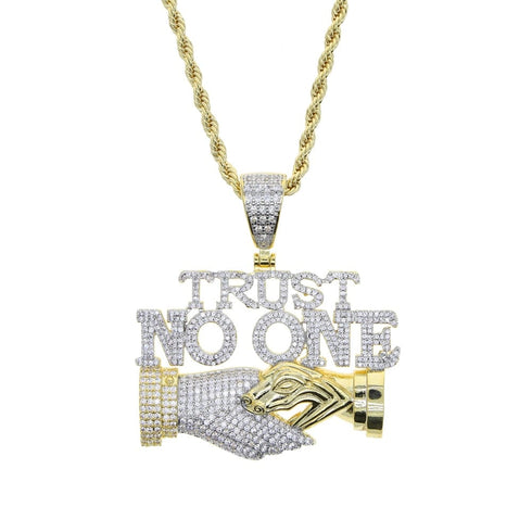 Iced Out Trust No One with Double Hand Pendant