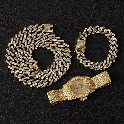 Miami Micro Pave Cuban Chain + Bracelet + Watch Set