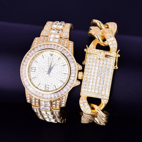 40mm Dial Iced Baguette Military Watch with Cuban Bracelet Bundle
