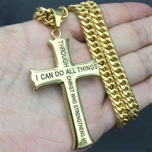 Men's Gold/Silver Stainless Steel Cross Jesus Piece Necklace Bible Verse With Curb Chain