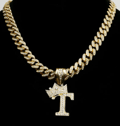 VVS Jewelry Gold Crowned Initial Cuban Pendant Chain