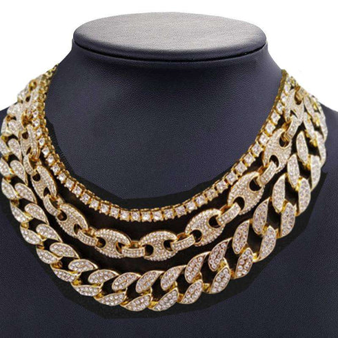 Gold Bling Cuban Chain + Coffee Bean Chain + Row Tennis Choker Chain Set