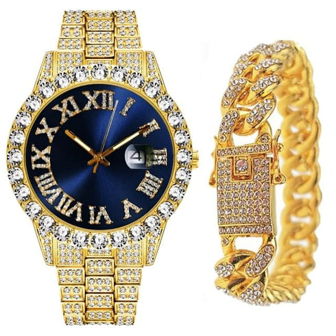 Fully Iced Bling Watch + Cuban Bracelet Bundle