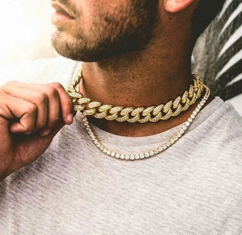 VVS Jewelry 18K Gold Prong Cuban Chain + Tennis Chain Bundle