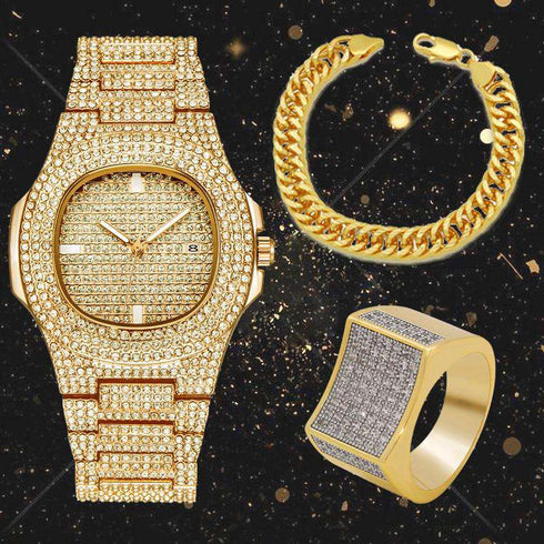 Gold Cuban Chain Bracelet + Watch + Geometric Ring Set