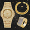 Gold Cuban Chain Bracelet + Watch + Geometric Ring Set