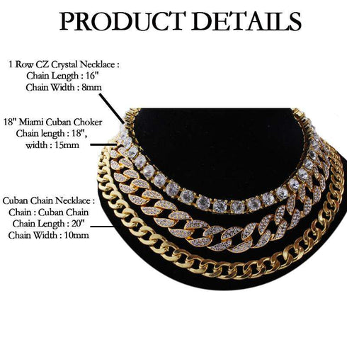 Gold Cuban + Tennis + Cuban Link Choker Set