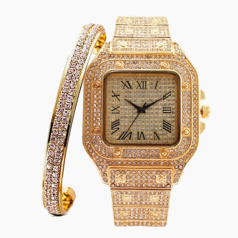 Fully Iced Roman Square Bezel Watch + FREE Iced Bangle