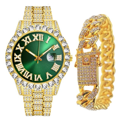 Fully Iced Bling Watch + Cuban Bracelet Bundle