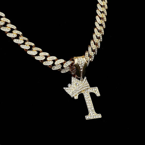 VVS Jewelry Gold Crowned Initial Cuban Pendant Chain
