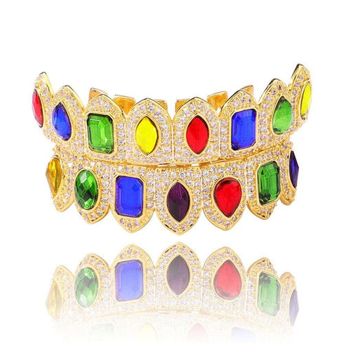 Multi Colored Stone Paved Iced Out Fangs Grillz