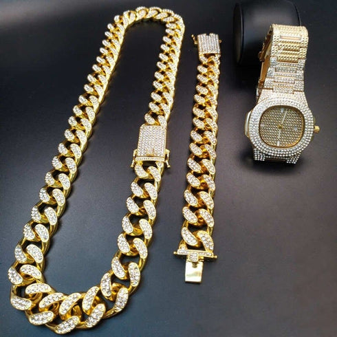 VVS Jewelry Cuban Chain & Cuban Bracelet + Free OG Bust Down Watch