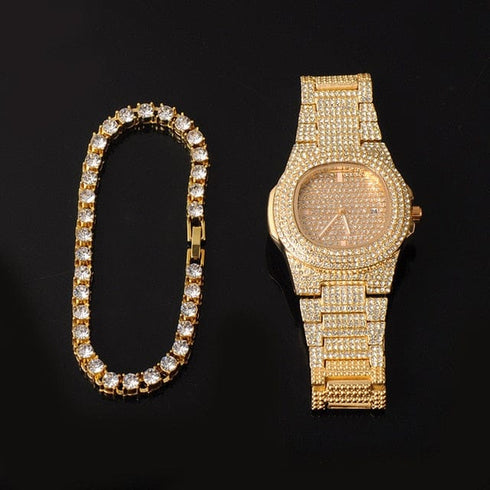 Gold/Silver 5mm Micro Pave Tennis Chain + Tennis Bracelet + FREE Watch Bundle