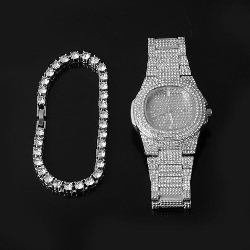 Gold/Silver 5mm Micro Pave Tennis Chain + Tennis Bracelet + FREE Watch Bundle