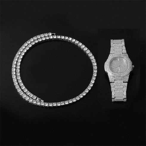 Gold/Silver 5mm Micro Pave Tennis Chain + Tennis Bracelet + FREE Watch Bundle