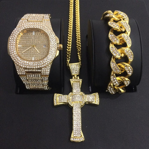 Gold/Silver Crucifix Necklace + Bracelet + OG Bust Down Watch Set