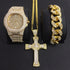 Gold/Silver Crucifix Necklace + Bracelet + OG Bust Down Watch Set