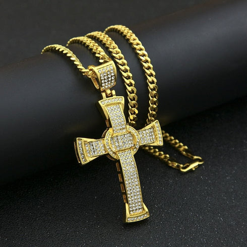 Gold/Silver Crucifix Necklace + Bracelet + OG Bust Down Watch Set