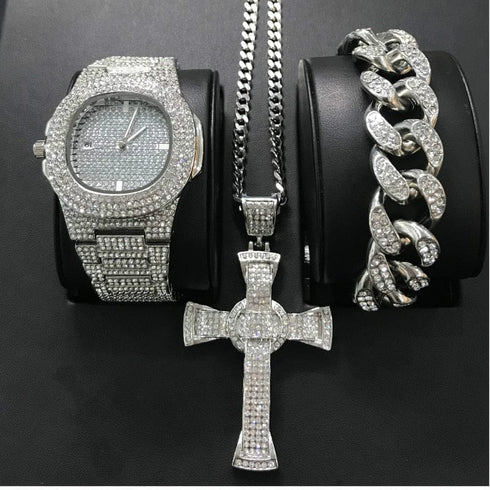 Gold/Silver Crucifix Necklace + Bracelet + OG Bust Down Watch Set