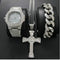 Gold/Silver Crucifix Necklace + Bracelet + OG Bust Down Watch Set