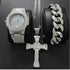 Gold/Silver Crucifix Necklace + Bracelet + OG Bust Down Watch Set
