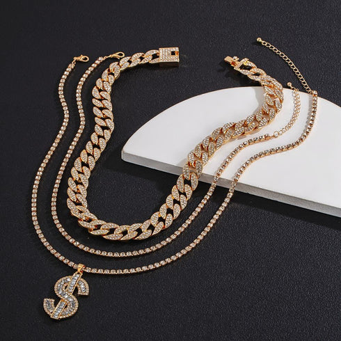 Gold/Silver Cuban Tennis Dollar Sign Choker Bundle